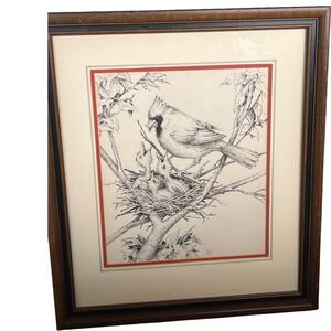 Vintage Drawing Cardinal Red Bird Artist Signed Jolene Brown Original Art Framed
